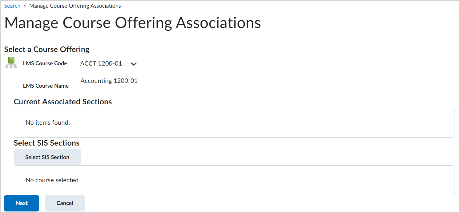 A página Gerenciar associações de Oferta de Curso.