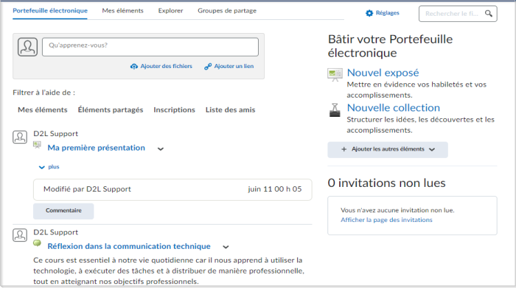 Page du tableau de Brightspace ePortfolio