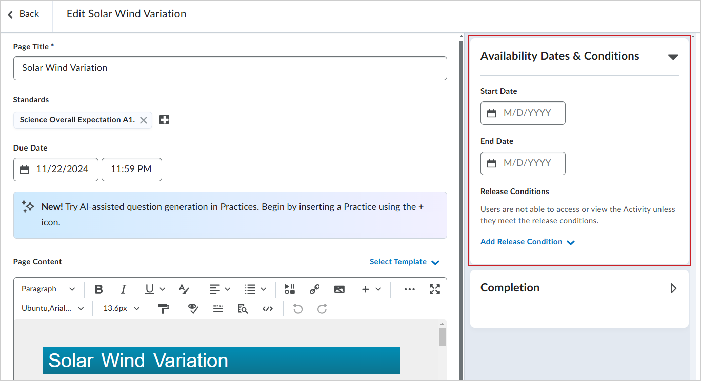 The Availability Dates & Conditions accordion showing the Start Date and End Date fields