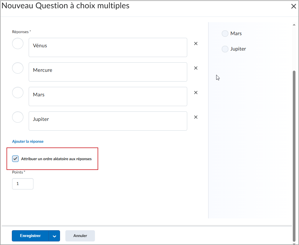 Question à choix multiples avec l'option Attribuer un ordre aléatoire aux réponses activée.