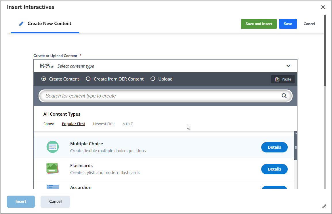 Insert Interactives page with H5P content types displayed.
