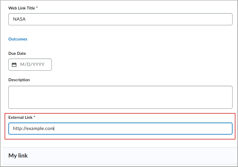 Edit screen with External Link field highlighted.