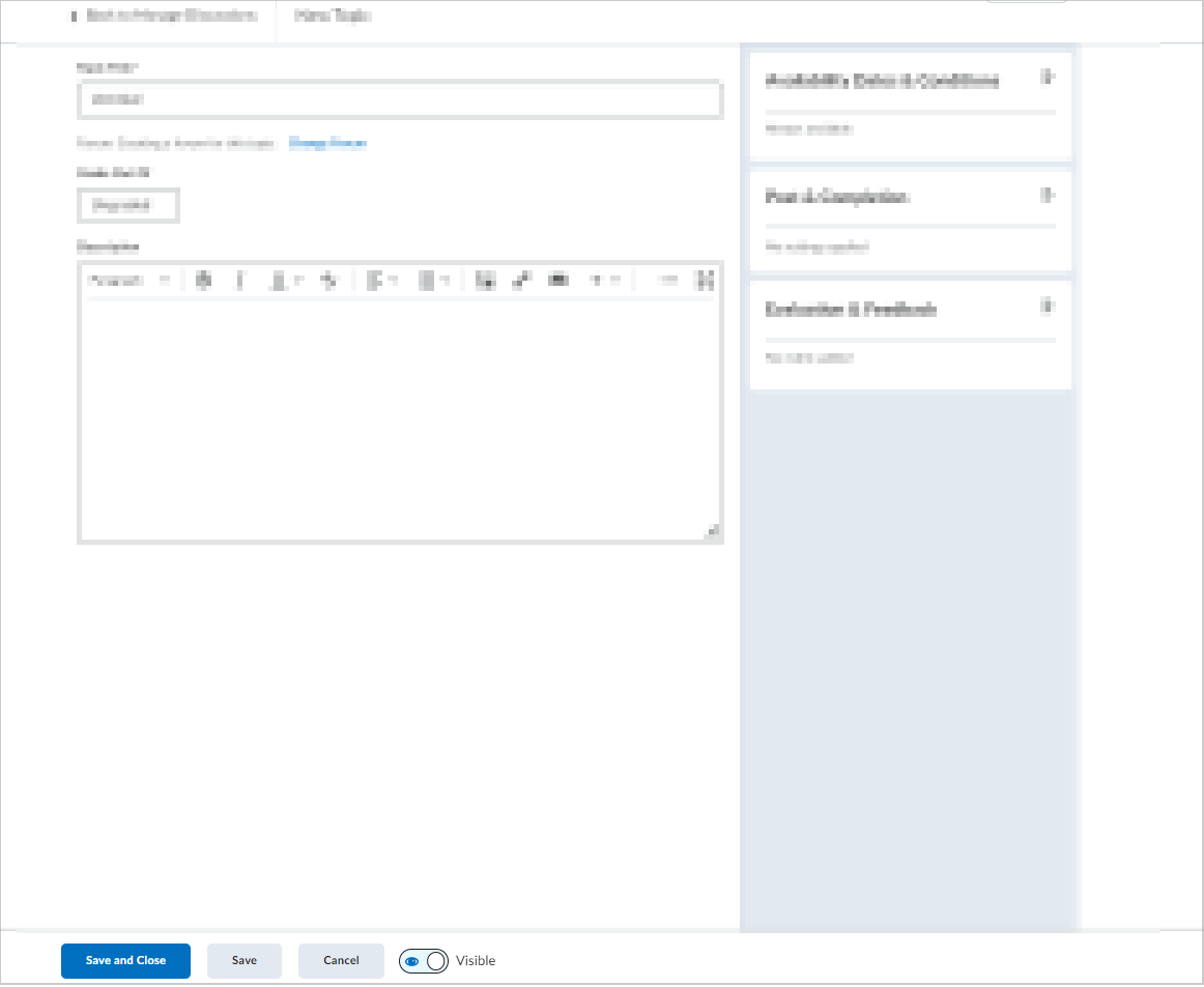 The Save and Close option and Visibility toggle for a discussion topic.