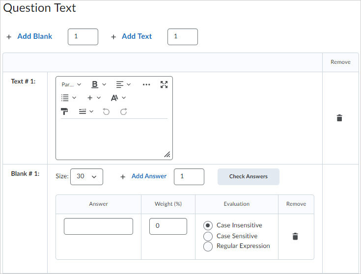 The Question Text area of the Fill in the Blanks creation page.