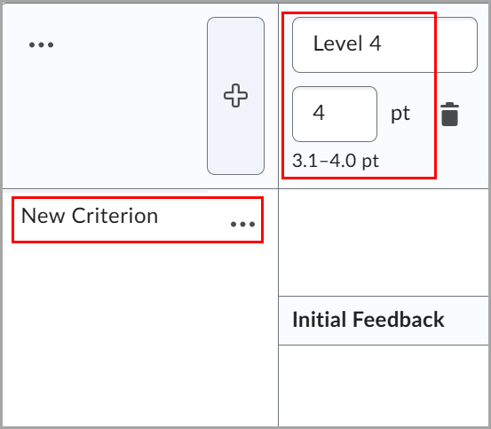 As configurações de nome, nível e nível de ponto do critério.
