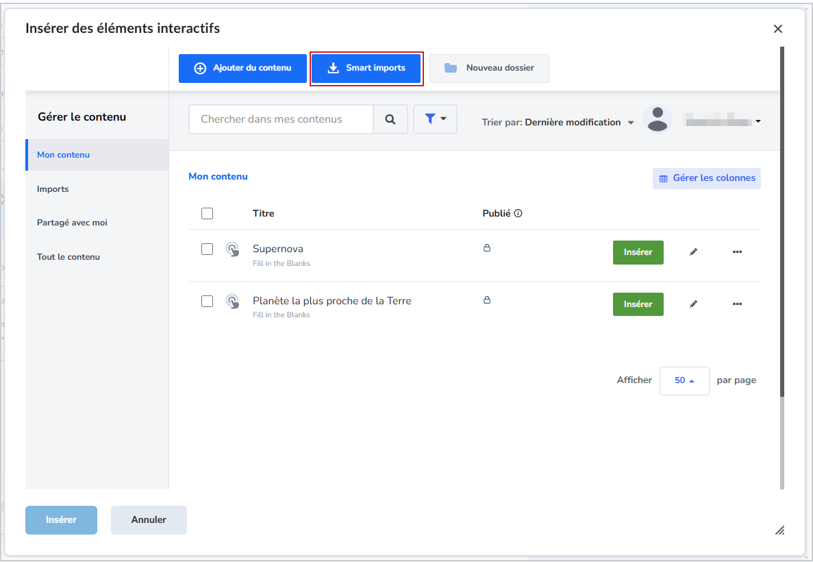 L'interface Inclure quelque chose de H5P comprend les options Ajouter du contenu, Importation intelligente et Nouveau dossier. Le curseur survole Importation intelligente avec un badge de notification. Vous trouverez ci-dessous une liste de contenu avec les titres et l'état de la publication, ainsi que les boutons Suivant, Précédent et Annuler.