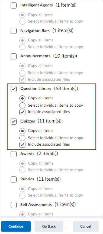 Les options Bibliothèque des questions et Questionnaire de la page Copier les composants du cours.