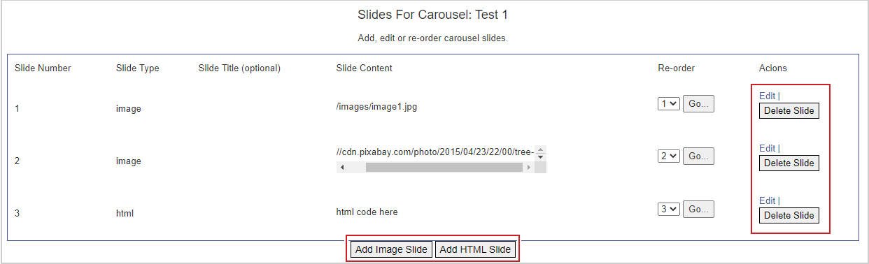 The Add Image Slide and Add HTML Slide buttons. The Delete Slide button is beside each carousel in the Actions column.