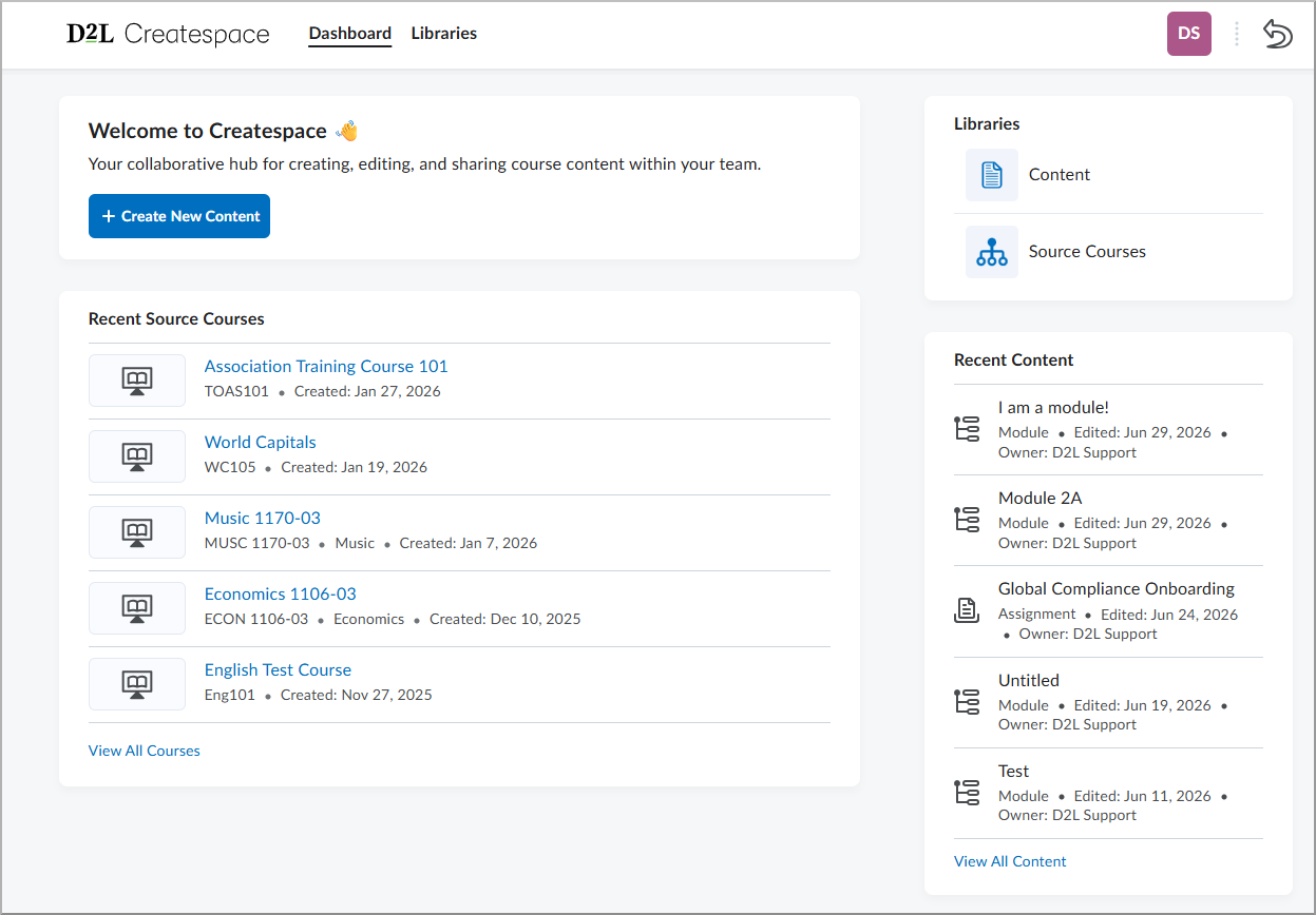 The Createspace landing page showing the central workspace and source course options.