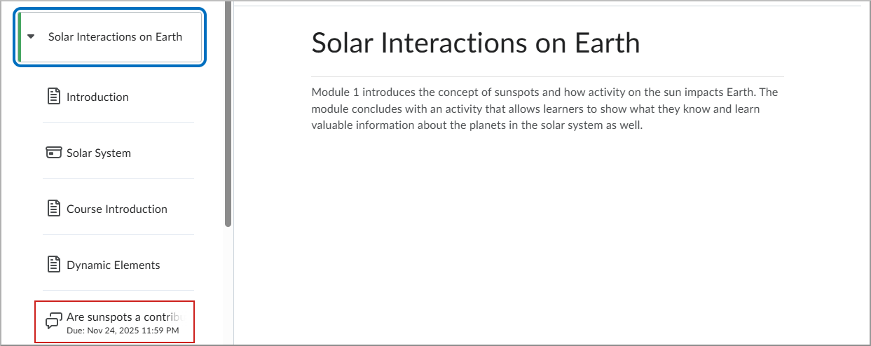 Vista del estudiante de Contenido con la fecha de vencimiento de la primera publicación resaltada.