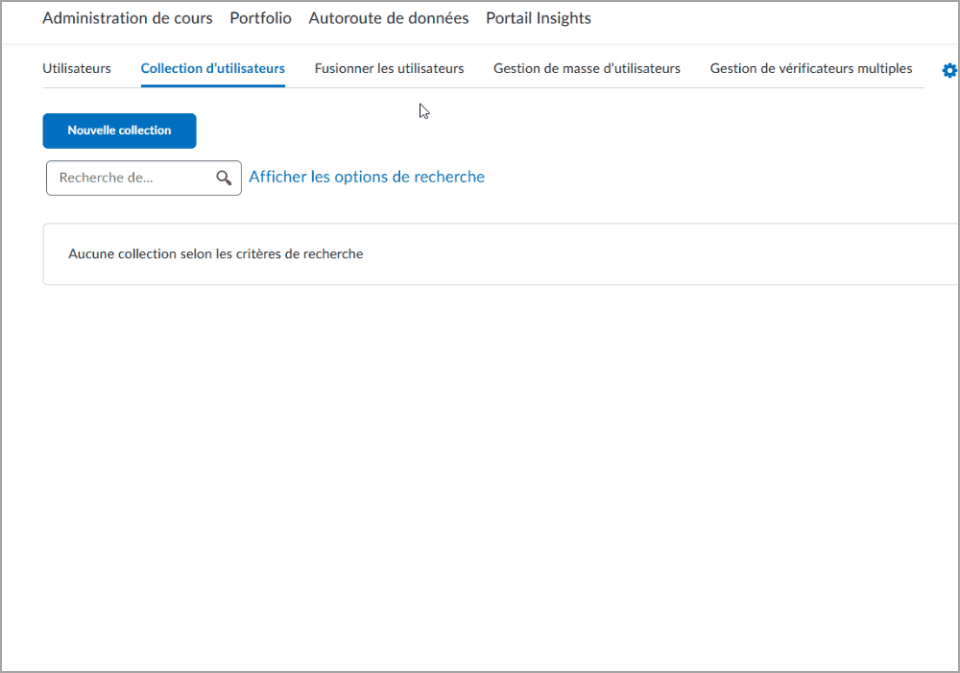 L’administrateur sélectionne l’onglet Fusionner des utilisateurs dans l’outil Utilisateurs de Brightspace.