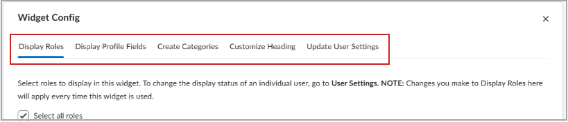 The widget configuration tab options are highlighted on the Widget Config page