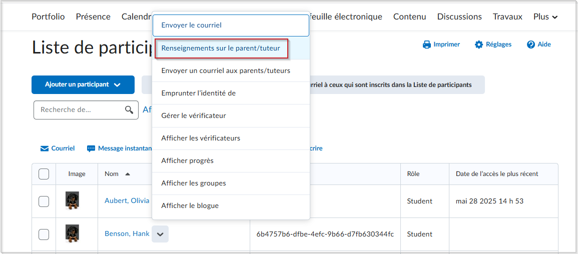 Menu déroulant ouvert à côté du nom d'un étudiant, dans lequel l'option Renseignements sur le parent ou le tuteur est affichée
