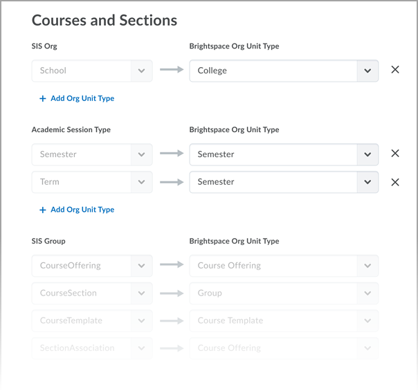 Configurações de mapeamento de Curso e Seção para um sistema de origem OneRoster no Brightspace.