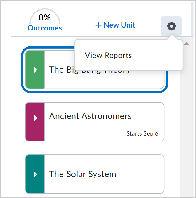 The Course options drop-down list showing the View Reports option.