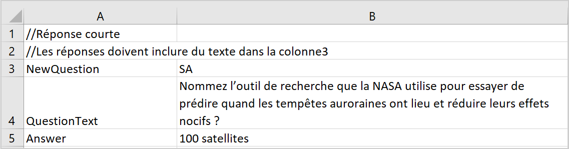 Un exemple de fichier CSV contenant une réponse courte à une question.