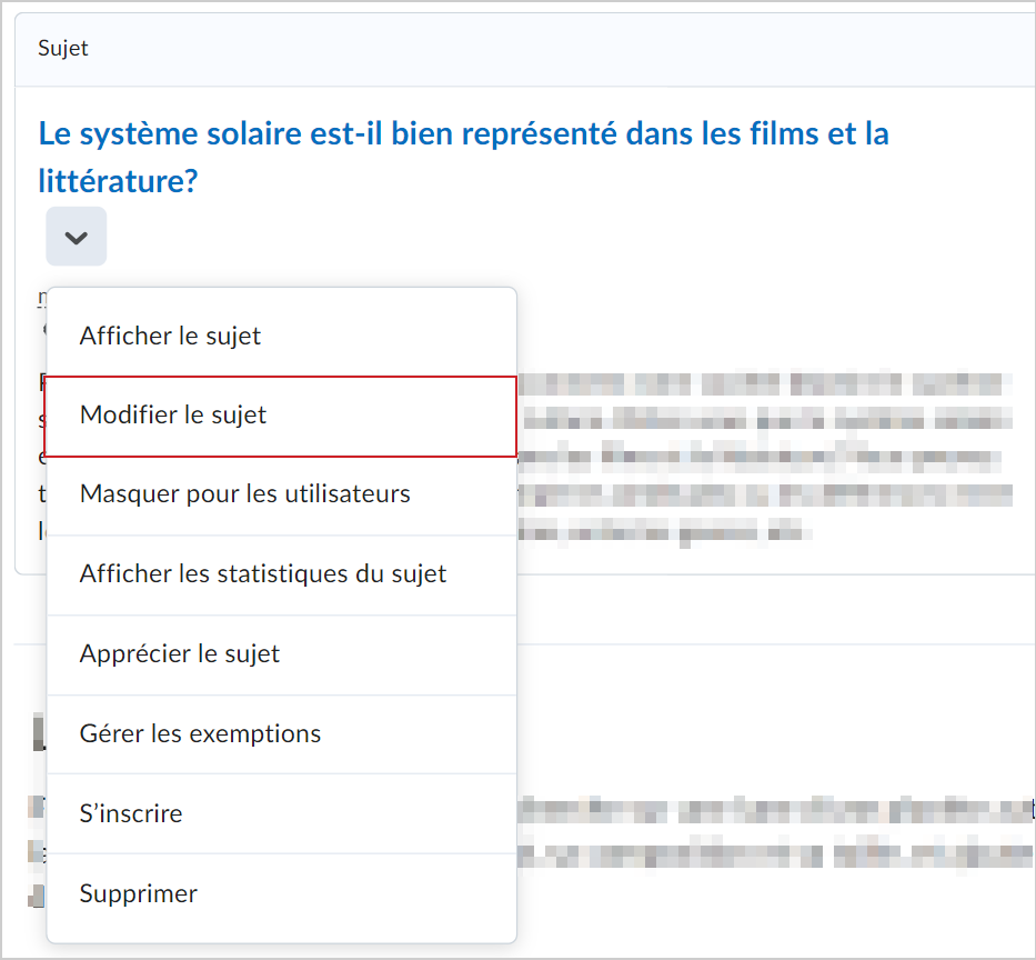 Le menu Actions d'un sujet de discussion présente l'option Modifier le sujet.