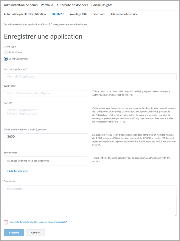 Nouvelles options de configuration de l'authentification serveur-serveur lors de l’inscription d’une application OAuth 2.0.
