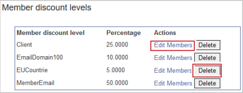 Les boutons Modifier les membres et Supprimer les boutons adjacents aux niveaux de rabais pour les membres de la page Niveaux de rabais pour les membres.