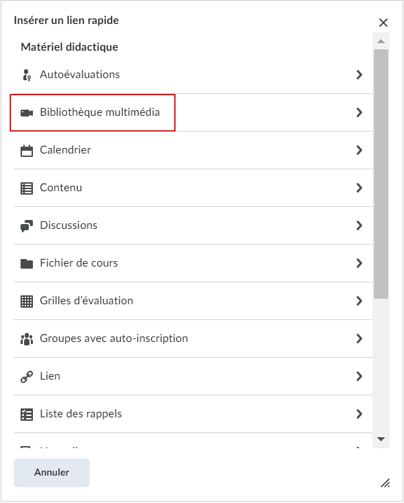 La page Insérer des liens rapides, avec la bibliothèque multimédia dans la liste.