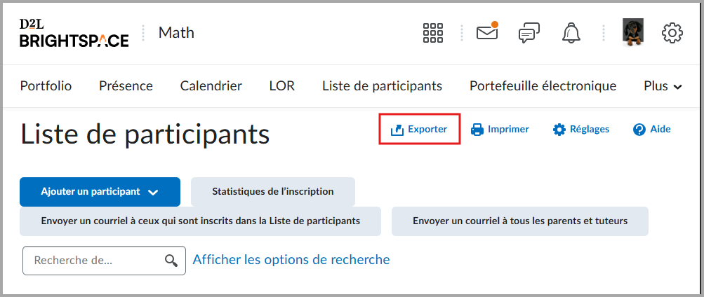 La nouvelle option Exporter la liste de participants sur la page de la liste de participants.
