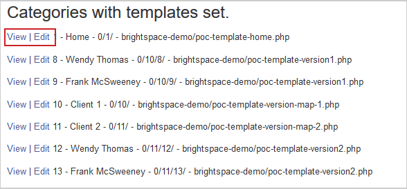 A list of categories with set templates showing the View and Edit buttons