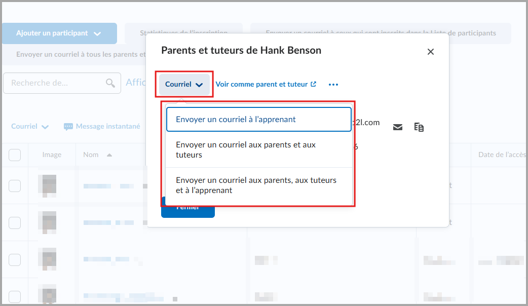 Panneau Parents et tuteurs de « étudiant » affichant les options pour envoyer un courriel ou copier l’adresse de courriel d’un parent.