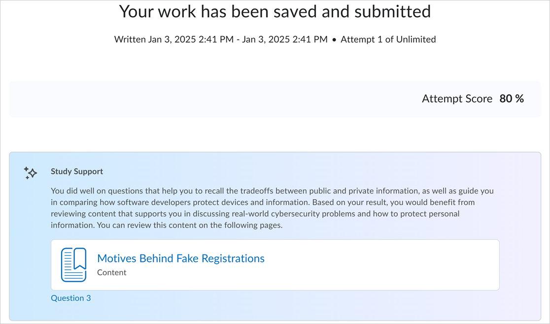 The Quiz Summary page with Study Support feedback and recommended content displayed.