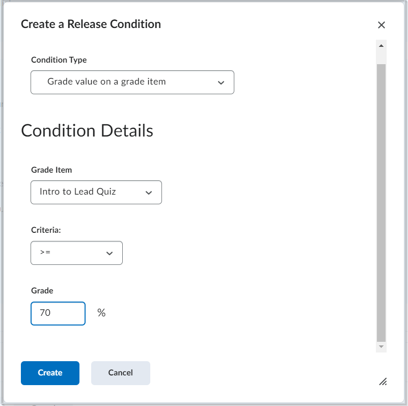 The Create a Release Condition dialog. Select the Condition Type from the drop-down and enter the required information based on that Condition Type.