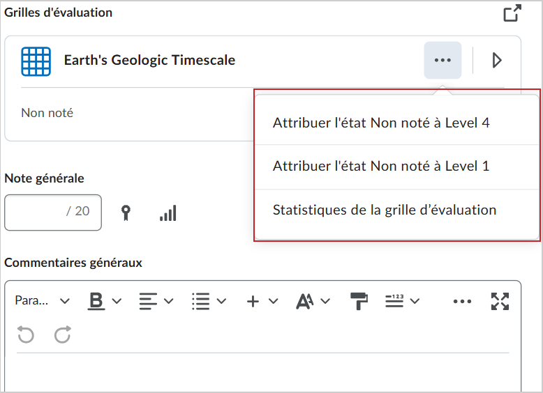 Dans l'outil Travaux, cliquez sur le menu contextuel situé à côté du nom d'une grille d'évaluation pour choisir l'option à appliquer à tous les critères non notés.