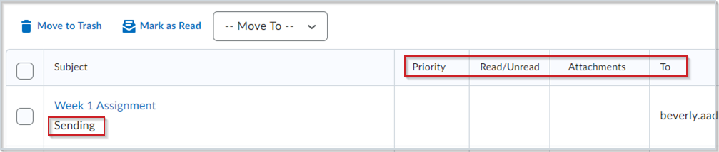 The Sent Email folder of the Email tool, showing both the Sending Label and the column header labels (Priority, Read/Unread, Attachments, and To).