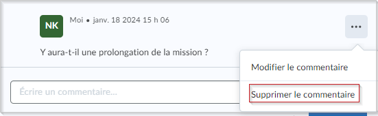 Le menu Options d'une publication de travail comprend l'option Supprimer le commentaire.