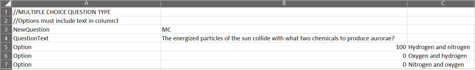 An example of a multiple choice question added to the CSV template file.