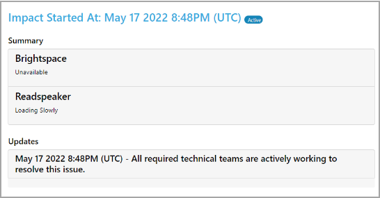 Timeline for historical impacts showing the summary for each service and updates on any ongoing items.