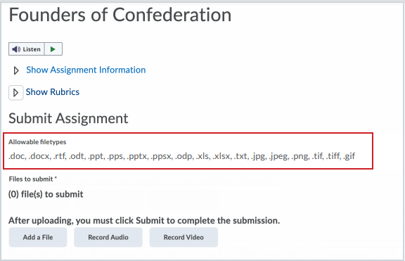 In the Submit Assignment dialog, the allowable filetypes are listed based on the restrictions set by the instructor