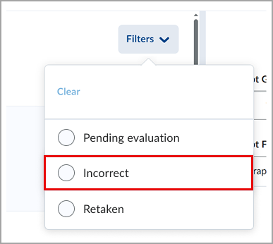 The Pending Evaluation, Incorrect, and Retaken filters for quiz answers.