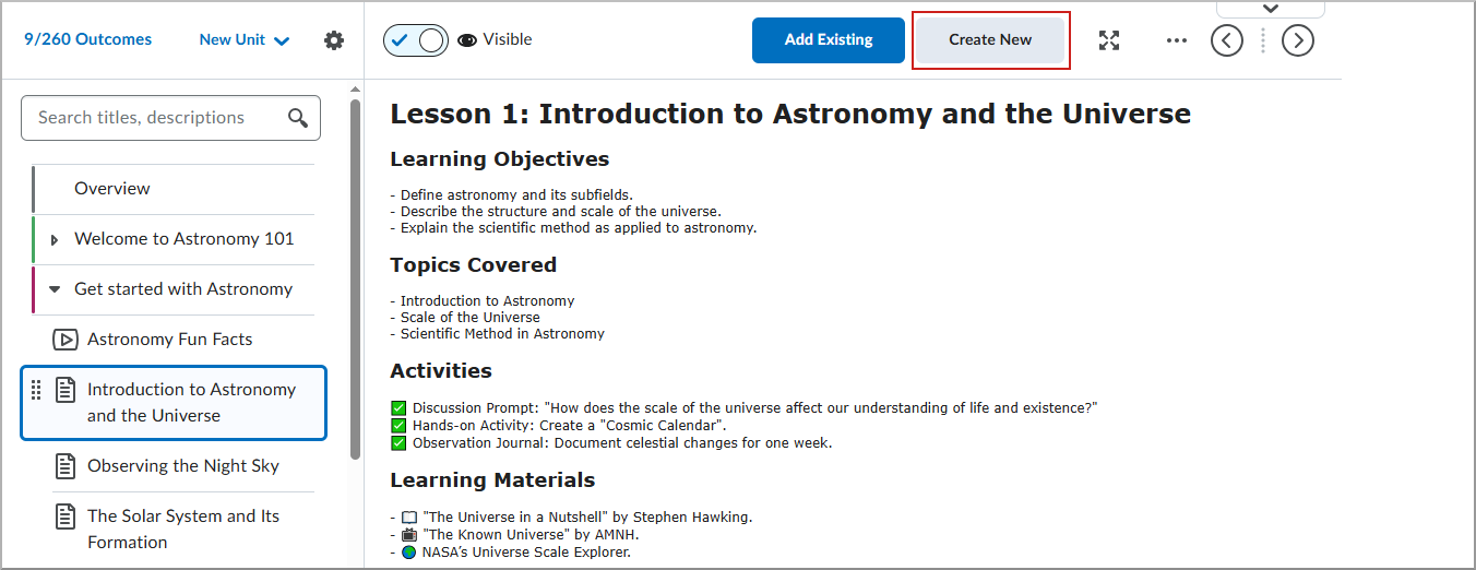 Content Page with Create New highlighted.