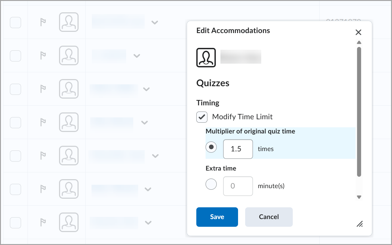 The Edit Accommodations dialog in Brightspace showing quiz timing settings.