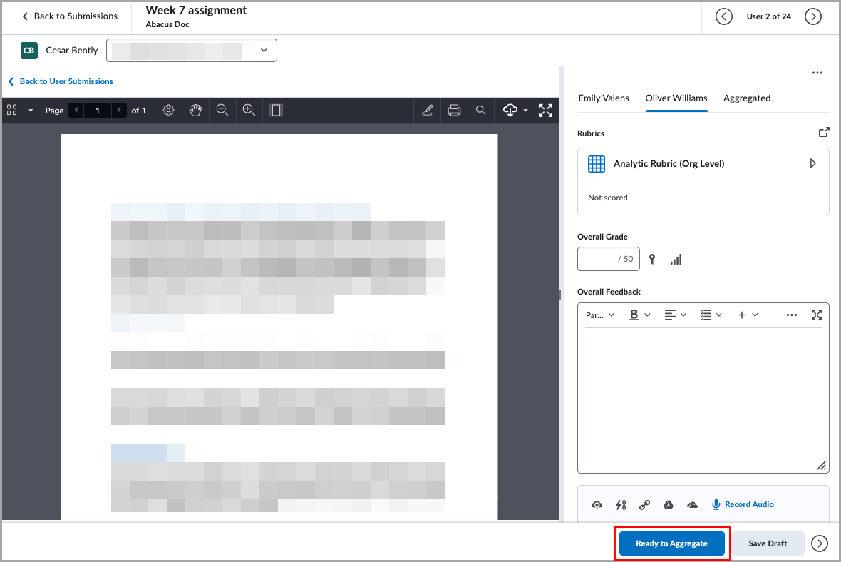 Evaluation interface for the assignment with tabs for different evaluators and an overall feedback section on the right. Buttons at the bottom include Ready to Aggregate (highlighted) and Save Draft
