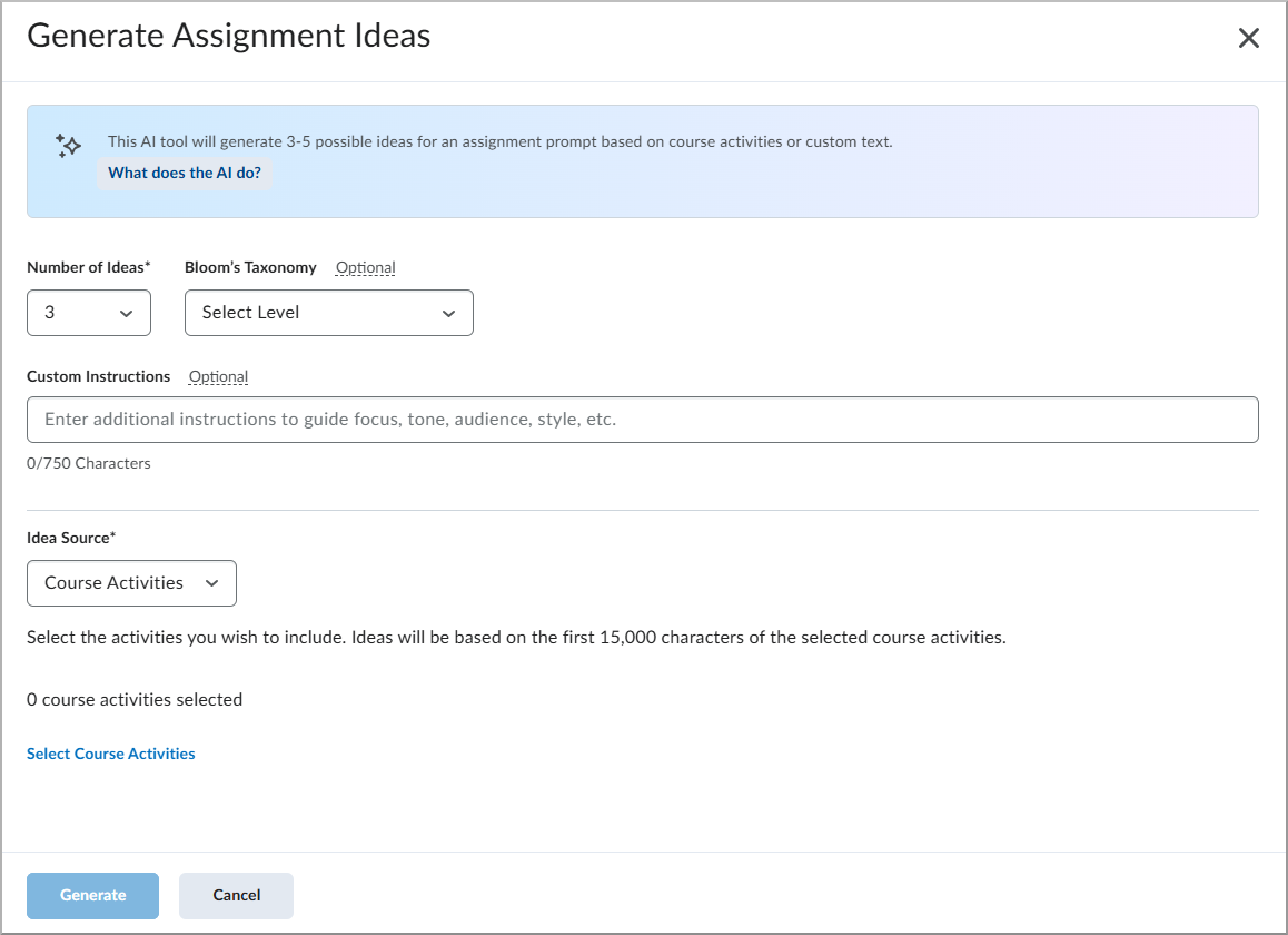 Genere un cuadro de diálogo de ideas para asignaciones con todas las opciones disponibles.