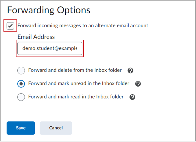 Brightspace Email Forwarding Options.