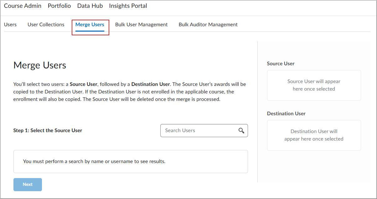 Page Outils de l’utilisateur avec l’onglet Fusionner les utilisateurs sélectionné