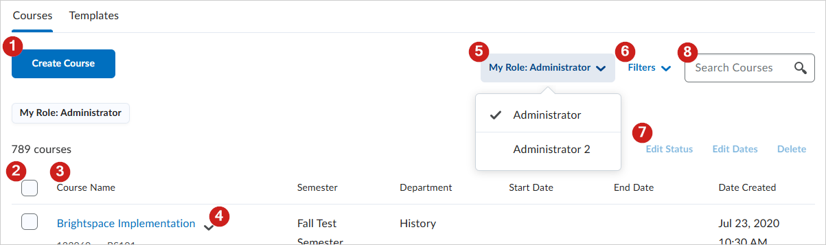 Courses tab selected showing a list of created courses with options to create, filter, and search.