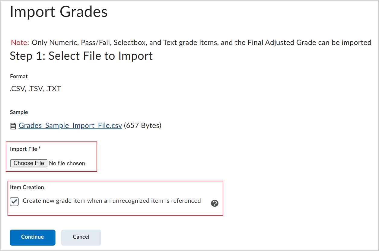 The Select File to Import page showing the Choose File and Item Creation options.