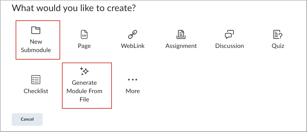 Create dialogue highlighting the New Submodule and Generate Module from File naming convention.