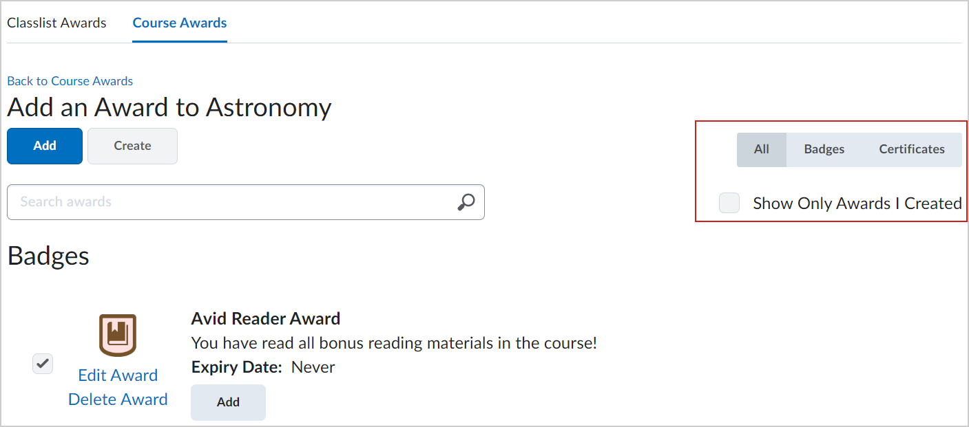 The Filter buttons on the Add an Award page.