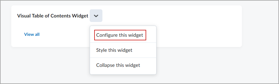 Het menu Actie voor de widget Visuele inhoudsopgave met Deze widget configureren geselecteerd.