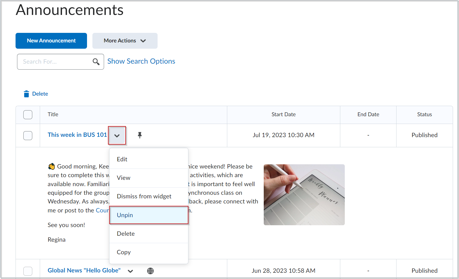 The Announcements page. The drop-down menu of a pinned announcement is open and Unpin is highlighted.