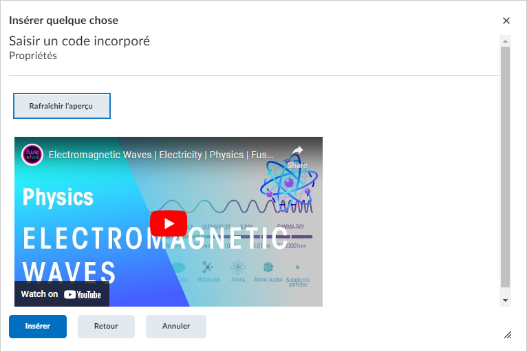 Aperçu de la vignette de la vidéo incorporée sur les ondes électromagnétiques. Le bouton Insérer se trouve en bas.