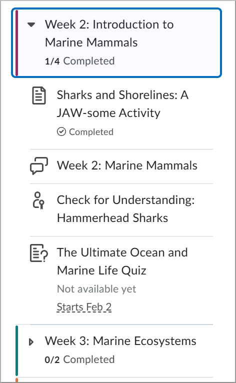 Table of Contents showing completed and future dated topics and activities.